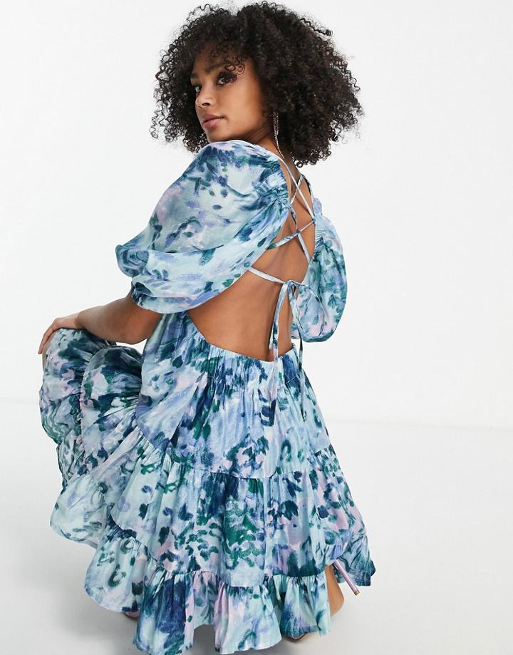 Asos Design Tiered Voile Mini Dress With Twist Front Detail In Abstract Floral Print-multi