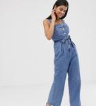 Asos Design Tall Denim Square Neck Button Jumpsuit-blue