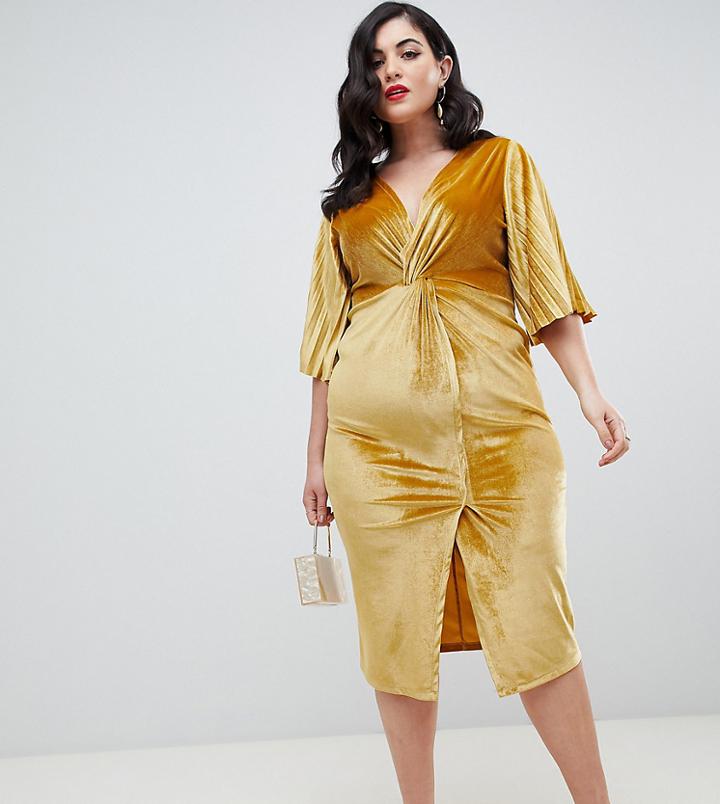 Asos Design Curve Velvet Twist Kimono Sleeve Midi Bodycon Dress-pink
