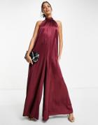 Asos Design Satin Halter Neck Backless Wide Leg Jumpsuit In Burgundy-purple