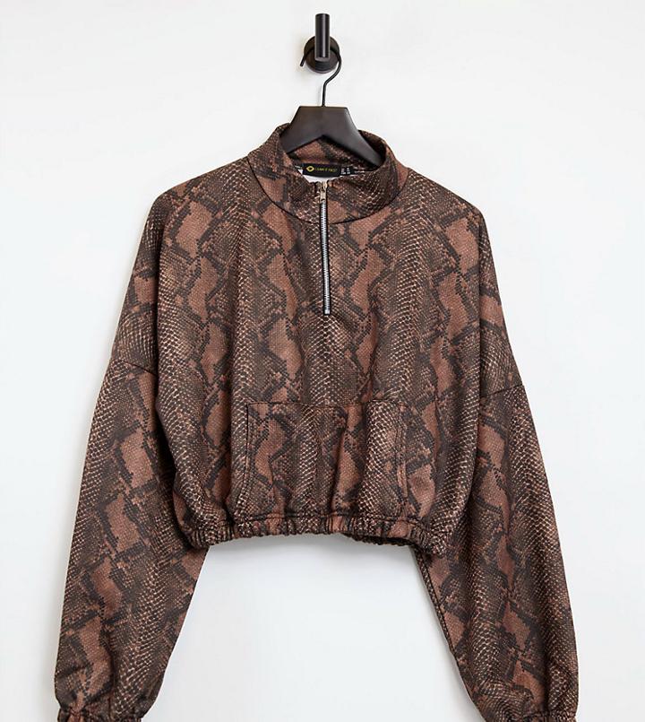 I Saw It First Plus Zip Front Cropped Sweatshirt In Snake-brown