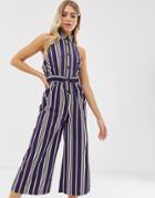 Asos Design Button Front Collar Culotte Jumpsuit In Stripe Print-multi