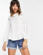 Asos Design Long Sleeve Top With Ruffle Detail In Ivory-white