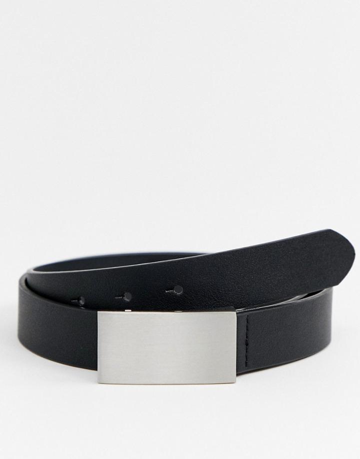 Asos Design Faux Leather Slim Belt With Silver Plate Buckle - Black