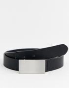 Asos Design Faux Leather Slim Belt With Silver Plate Buckle - Black