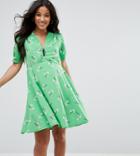 Asos Maternity Short Sleeve Floral Tea Midi Dress With Zip Detail-green