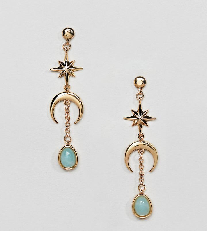 Asos Design Premium Gold Plated Strand Earrings In Moon And Star Design With Semi-precious Stone - Gold