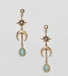 Asos Design Premium Gold Plated Strand Earrings In Moon And Star Design With Semi-precious Stone - Gold