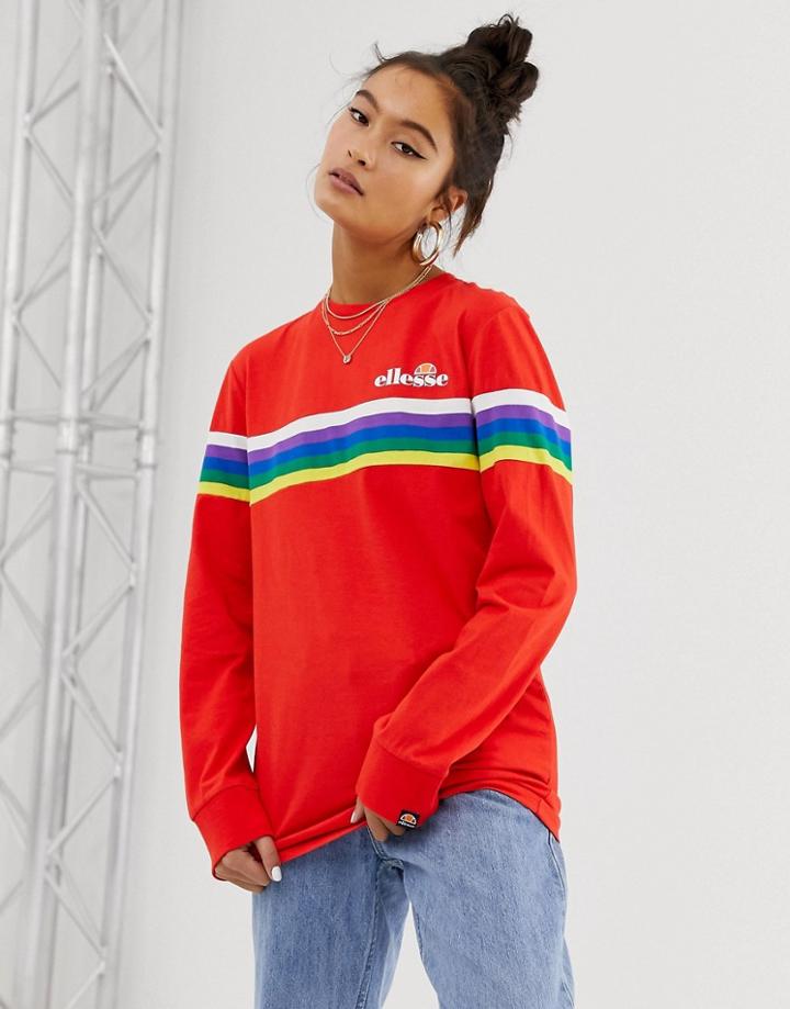 Ellesse Long Sleeve T-shirt With Chest Logo And Rainbow Stripe - Red