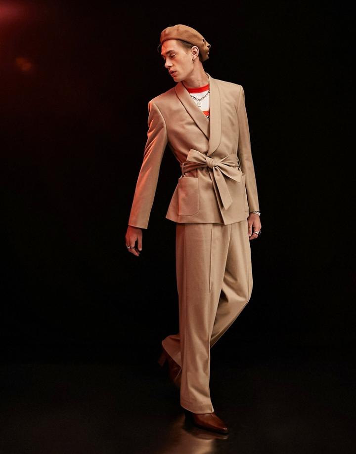 Asos Design Soft Touch Robe Style Suit Jacket In Beige-neutral