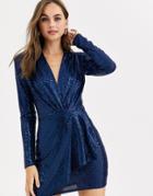 John Zack Sequin Plunge Front Wrap Dress In Light Navy