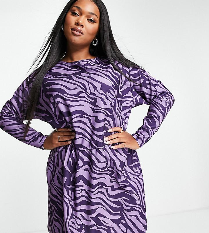 Asos Design Curve Twist Front Mini Dress In Purple Abstract Animal Print-multi