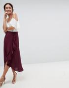 Asos Chiffon Midaxi Skirt With Button And Frill Detail - Red