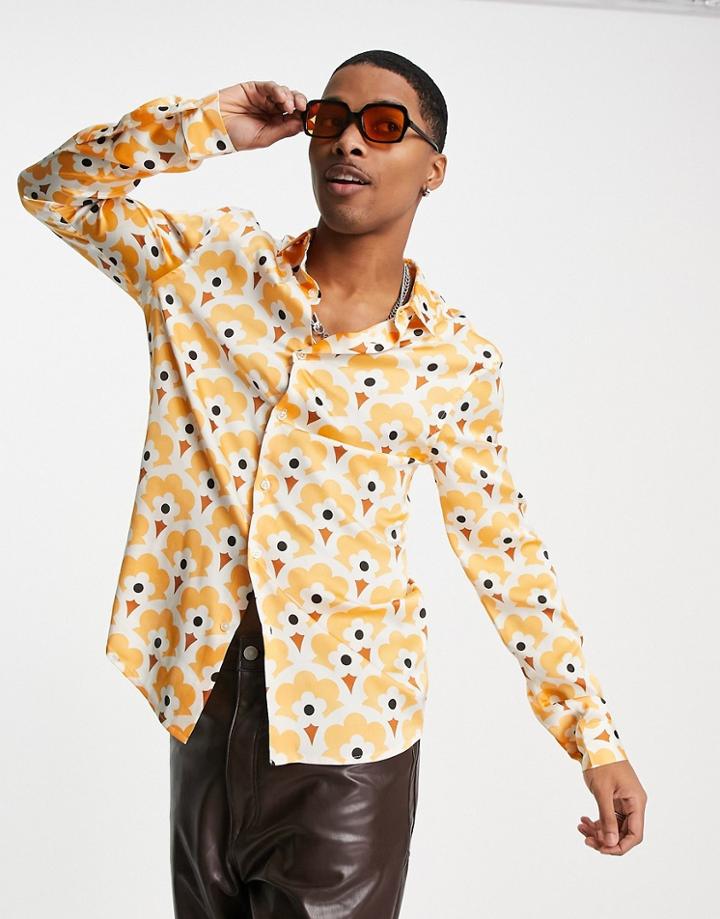 Asos Design Satin Shirt In 70s Floral Print-white