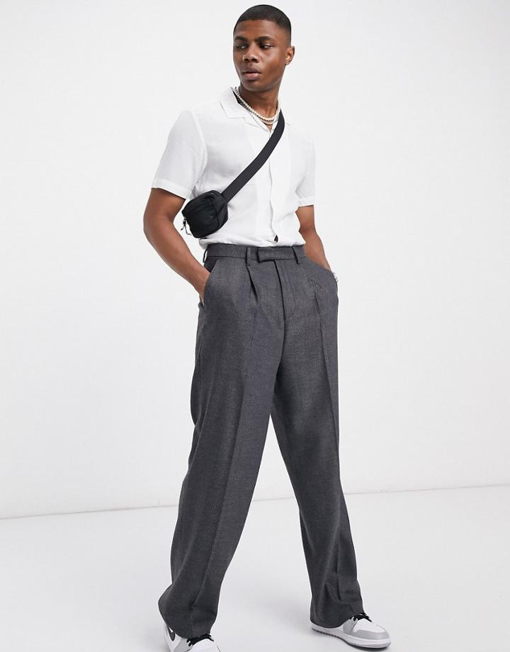 Asos Design High Waist Wool Mix Smart Pants With Wide Leg In Charcoal-grey