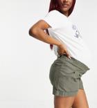 Asos Design Maternity Pleat Front Linen Wide Leg Short In Khaki With Under The Bump Band-green