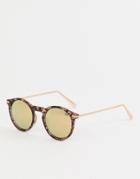 Asos Design Round Sunglasses With Metal Arms And Flash Lens In Matt Tort - Brown