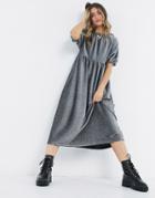 Asos Design Gathered Neck Midi Smock Dress In Silver Glitter