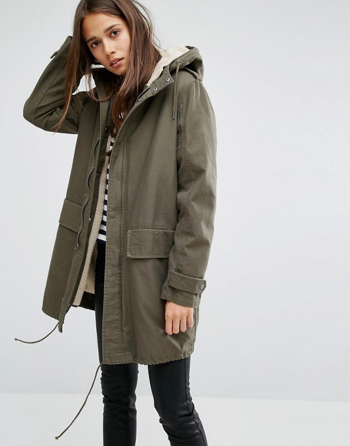 Parka London Elisa Classic Parka Jacket In Canvas With Fleece Lining - Green