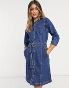 Object Malou Belted Denim Dress In Dark Blue-blues