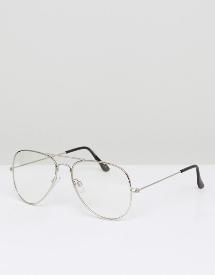 Asos Aviator Glasses With Clear Lens In Silver - Silver