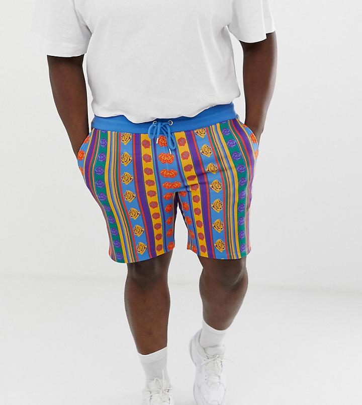 Asos Design Plus Jersey Skinny Shorts In Rose And Stripe Print - Multi