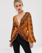 Asos Design Twist Front Top In Snake Print - Multi