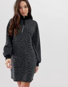 Asos Design Textured Leopard Sweat Dress With Zip Neck-multi