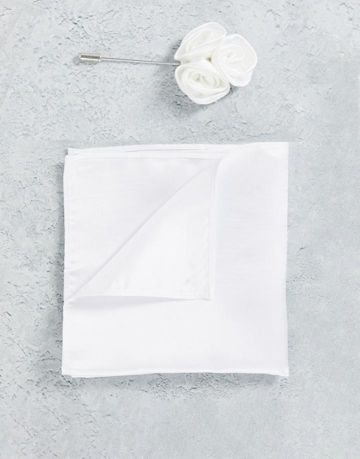 Gianni Feraud Wedding Plain Floral Lapel Pin With Pocket Square In Ivory-white
