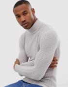 Asos Design Muscle Fit Textured Roll Neck Sweater In Light Gray - Gray