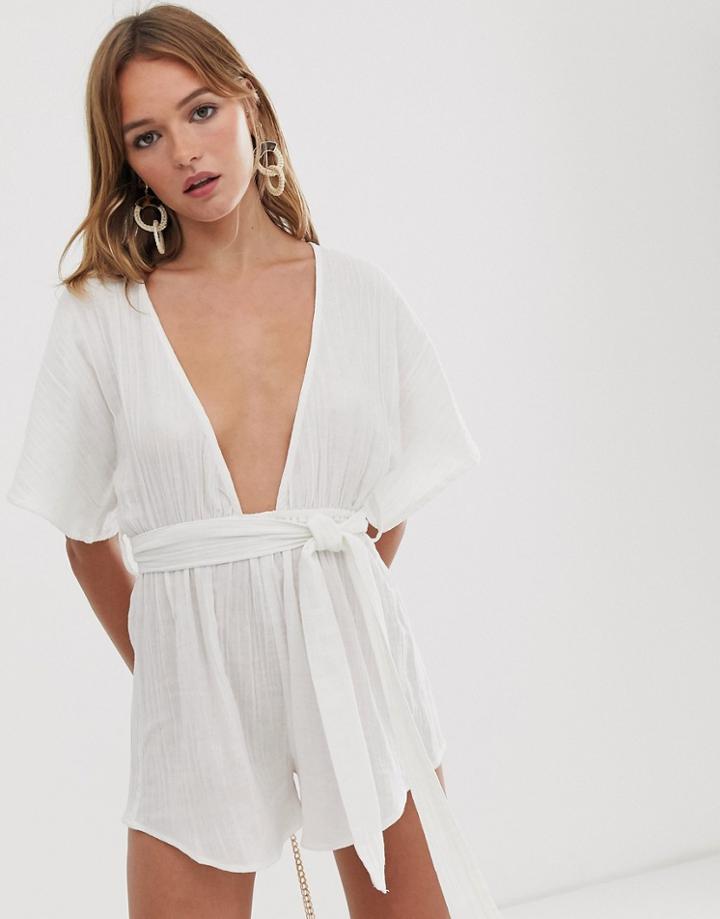 Asos Design Beach Romper With Lattice Back In Natural Crinkle Fabric - White