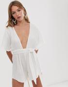 Asos Design Beach Romper With Lattice Back In Natural Crinkle Fabric - White
