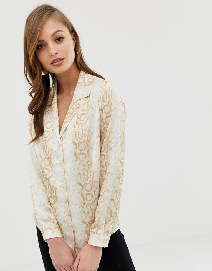 Asos Design Relaxed Satin Long Sleeve Shirt In Snake Animal Print - Multi