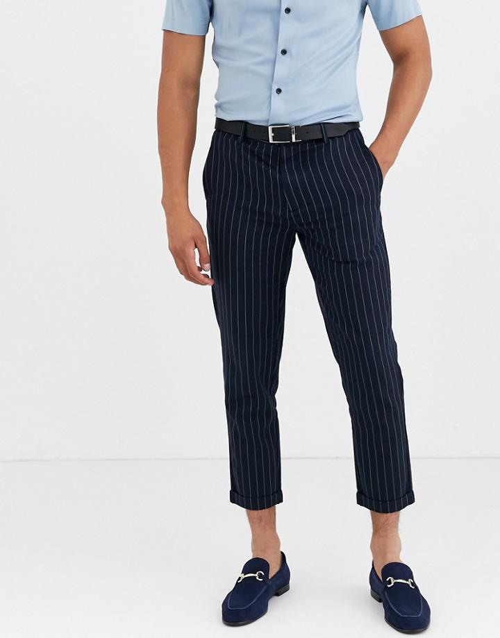 Only & Sons Slim Fit Cropped Chalk Stripe Pants In Navy