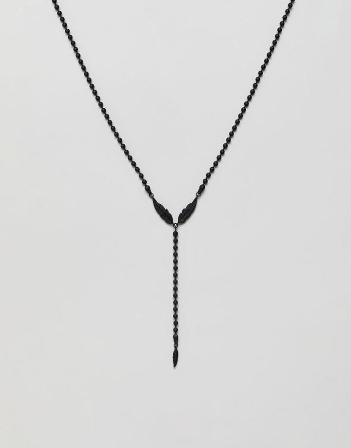 Asos Design Beaded Lariat Necklace With Feather In Black - Black