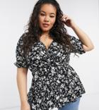 New Look Curve Puff Sleeve Top In Black Floral-multi