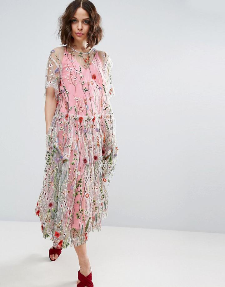 Asos Salon Embroidered Smock Longer Length Midi Dress - Multi