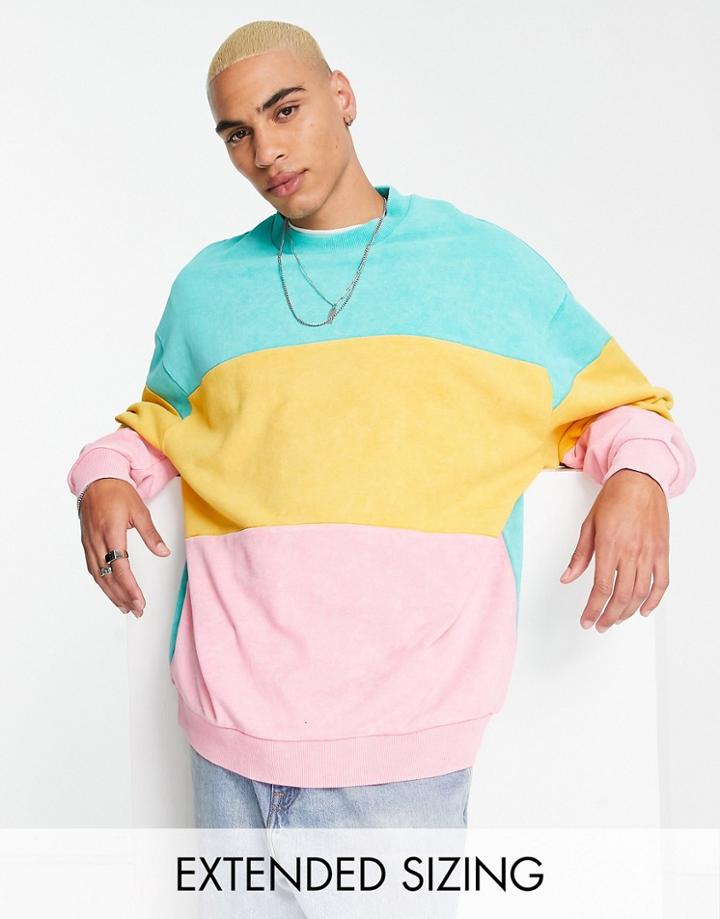 Asos Design Oversized Sweatshirt In Multicolor Blocking With Wash