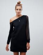 Asos Design Off Shoulder Sweat Dress With Mesh Sleeve - Black