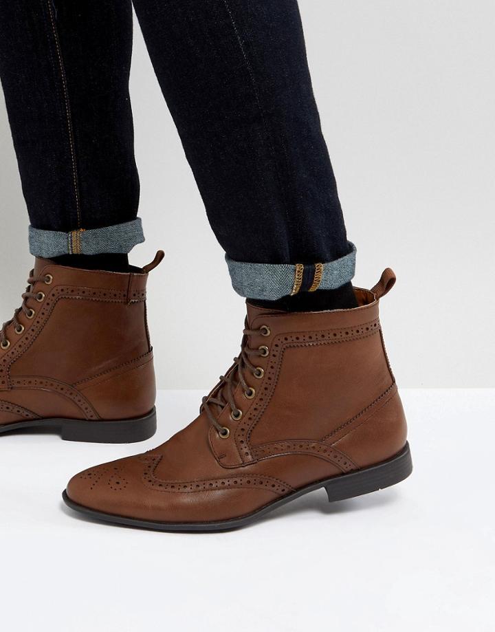 Asos Brogue Boots In Tan Faux Leather - Tan