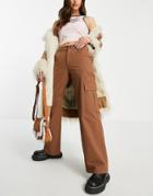 Daisy Street Y2k Low Rise Cargo Pants In Washed Chocolate-brown