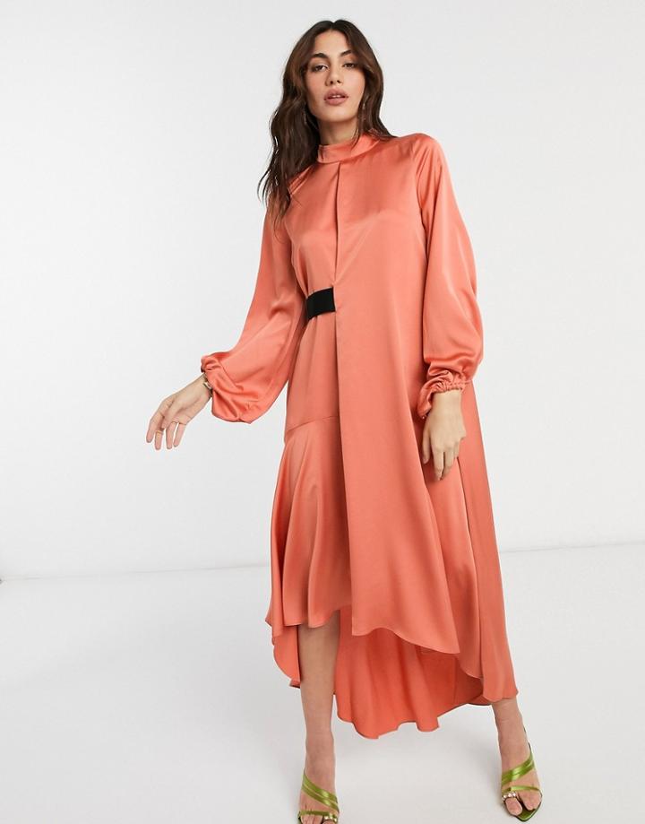 Asos Design Satin High Neck Midi Dress With Blouson Sleeve-brown