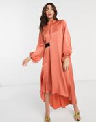 Asos Design Satin High Neck Midi Dress With Blouson Sleeve-brown