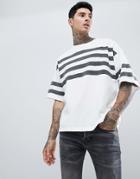 Allsaints Heavyweight Oversized T-shirt In White With Stripes - White