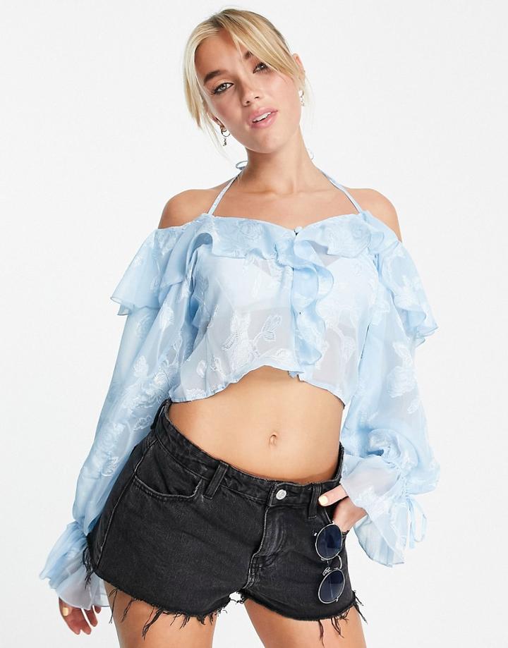 Asos Design Ruffle Front Blouse With Tie In Sheer Blue Jacquard