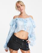 Asos Design Ruffle Front Blouse With Tie In Sheer Blue Jacquard