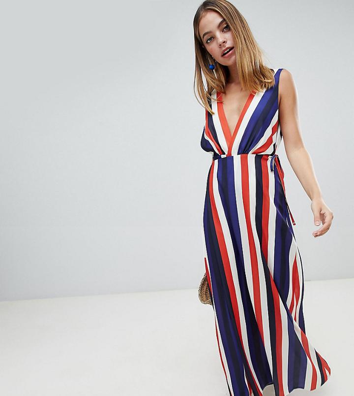 John Zack Petite Plunge Front Maxi Dress In Stripe Print - Multi
