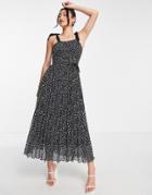 Style Cheat Tie Shoulder Belted Pleat Midi Dress In Mono Dot Print-white