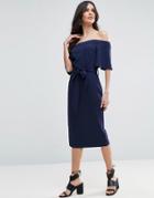 Asos Midi Dress With Off Shoulder And Self Tie - Navy