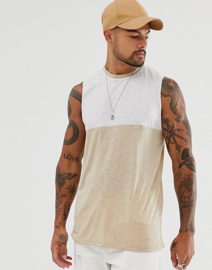 Asos Design Tank Tank With Contrast Yoke In Linen Mix-beige